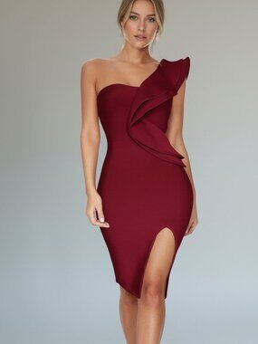 Wine Red Ruffle One Shoulder High Thigh Slit Burgundy Bandage Midi Dress Size M
